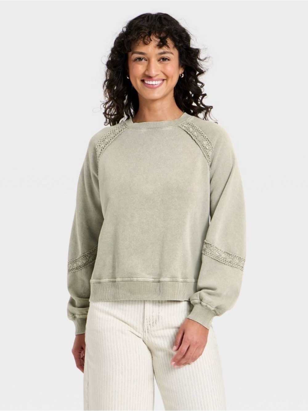 Crochet-Trim Crewneck Sweater in Green